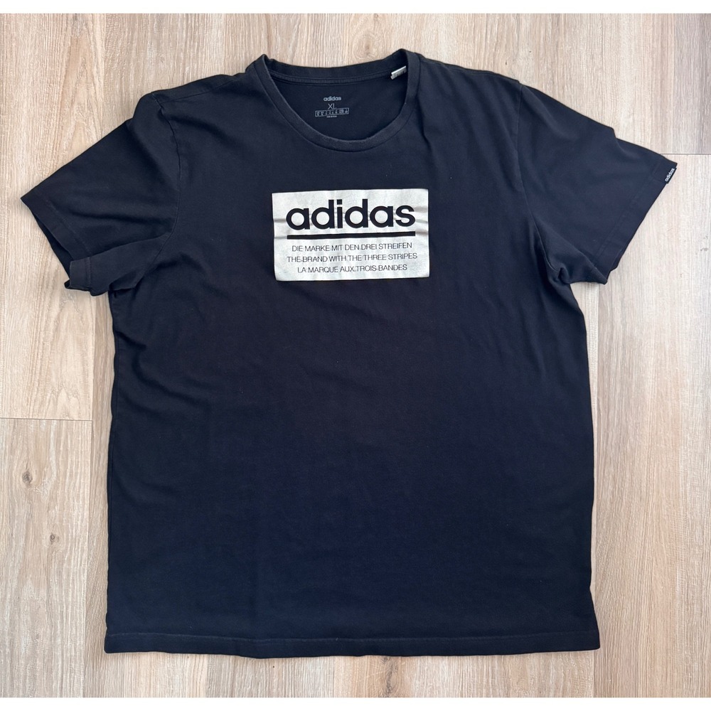 Adidas Mens XL Black Silver Box Logo Graphic T-Shirt Three Stripes Slogan Tee